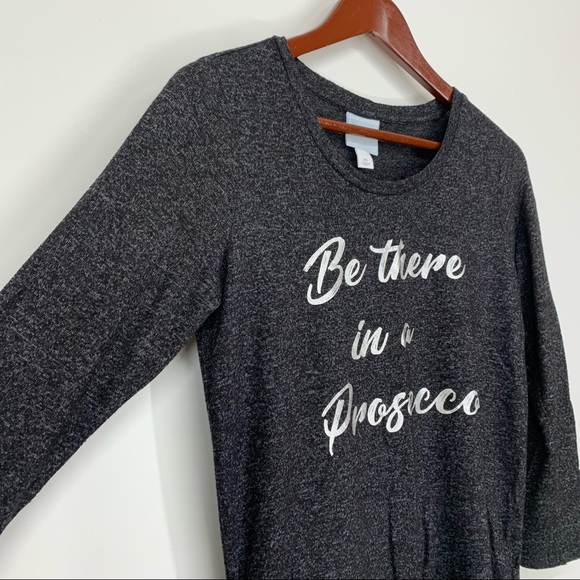 CB Sunday “Be There In A Prosecco” Funny Sweater Charcoal Black Silver Metallic - Picture 3 of 15
